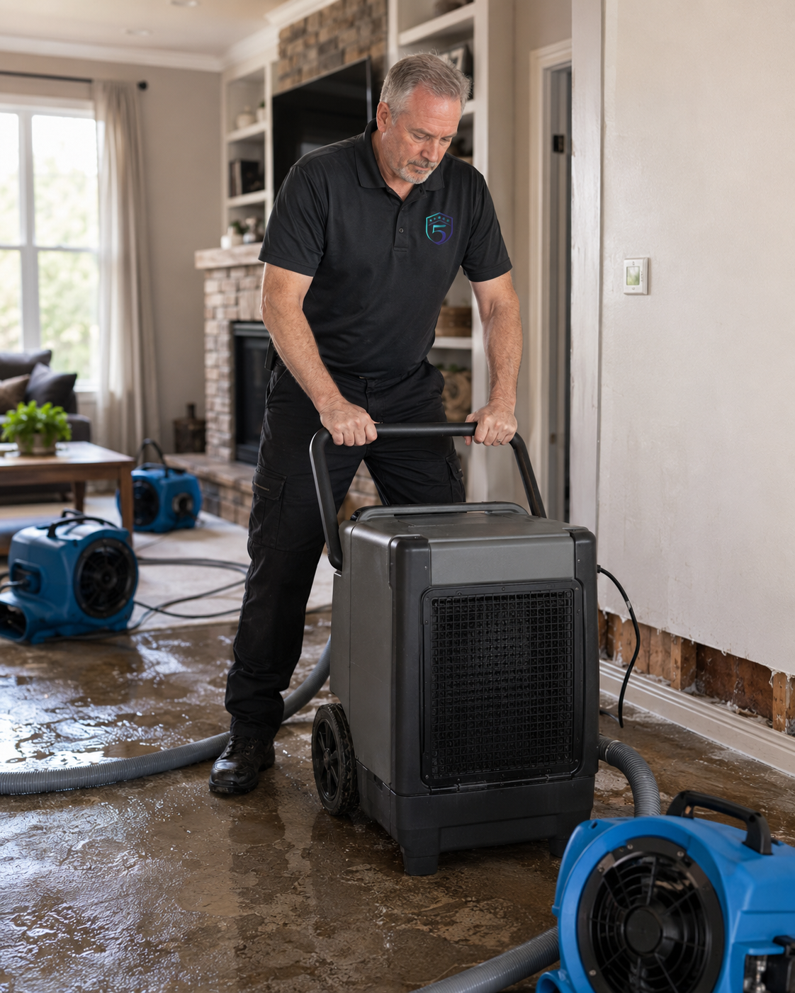 Water damage drying setup in a residential living room